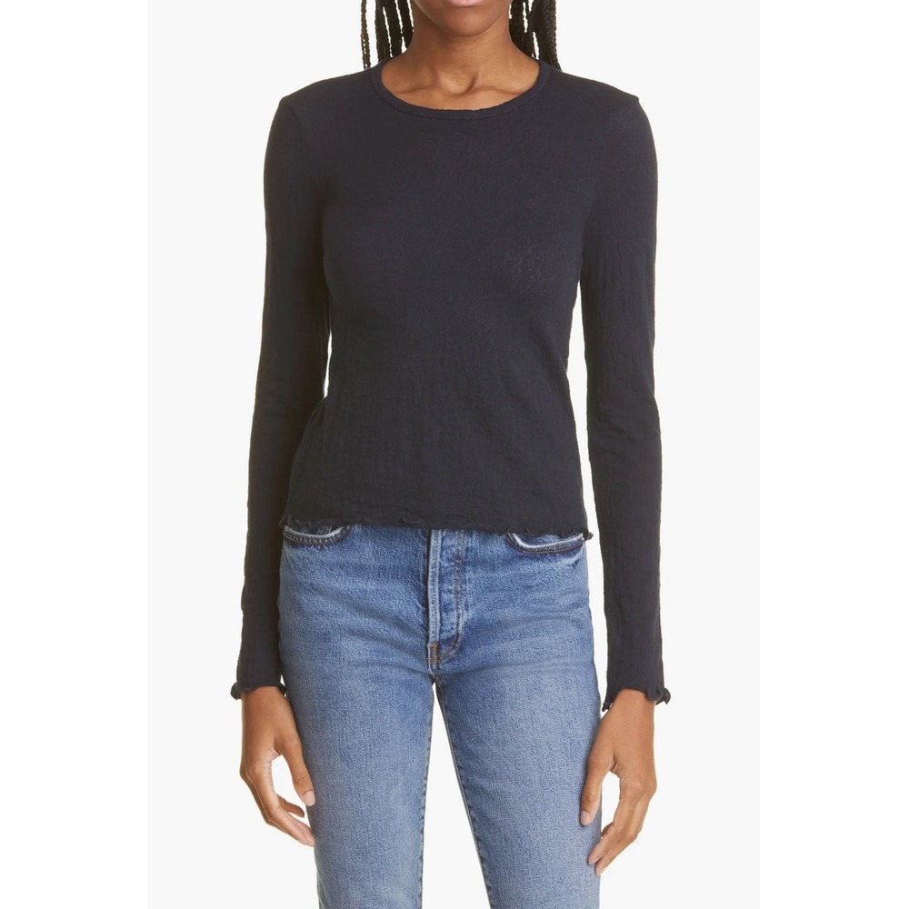 rag & bone Gemma Black Jacquard Lettuce Edge Long Sleeve Top XS